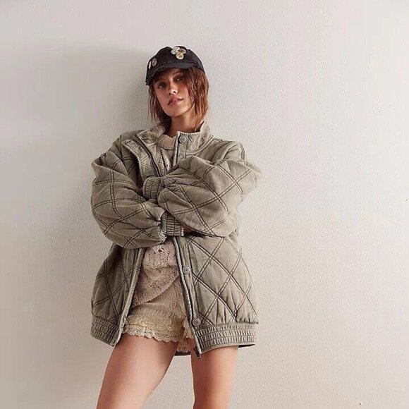 Free People Juno Quilted Jacket Top Bomber Oversized Buttondown Cotton L 276639